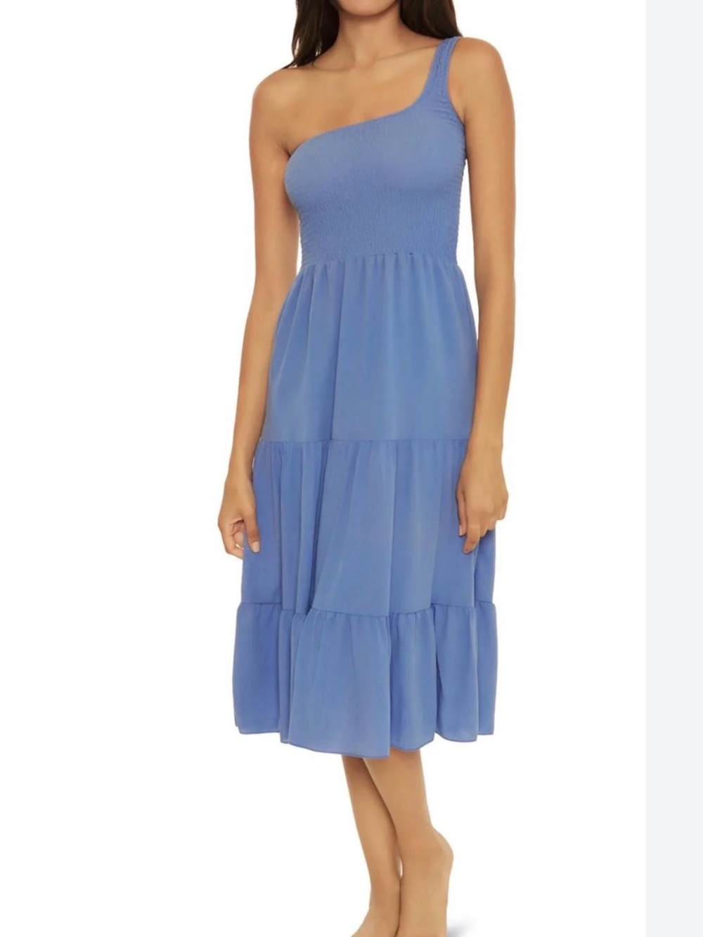 Becca by Rebecca Virtue Ponza Smocked One Shoulder Midi Dress Size S Mist Blue